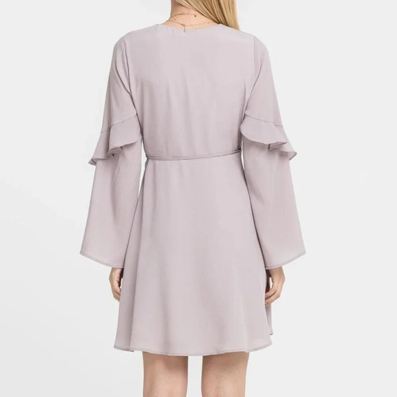 Lush Long Bell Sleeve V-Neck Tie Wrap Mini Dress Mauve Size M - Picture 2 of 5
